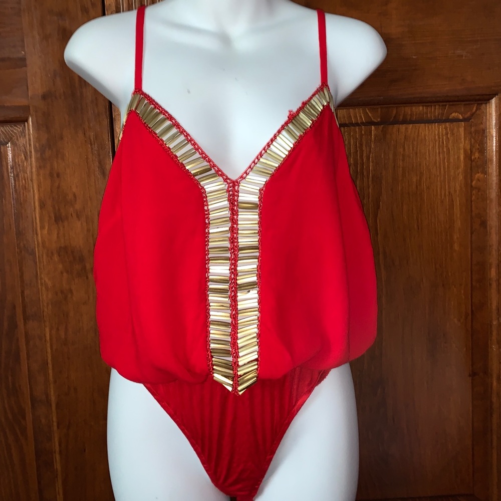 Sexy low cut, open back, red bodysuit